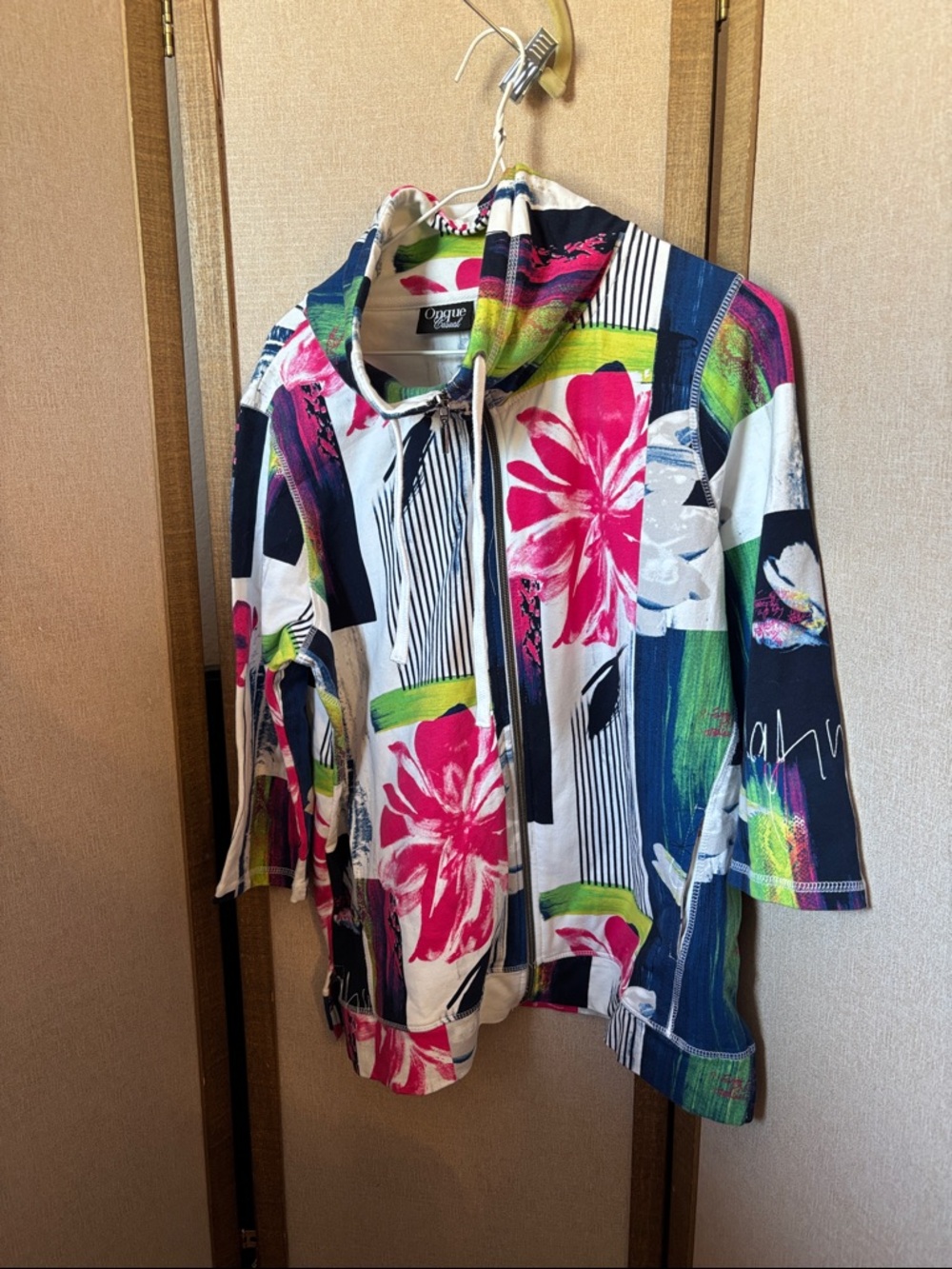 Onque  Multicolor Abstract Floral Zip Funnel Neck Jacket Large